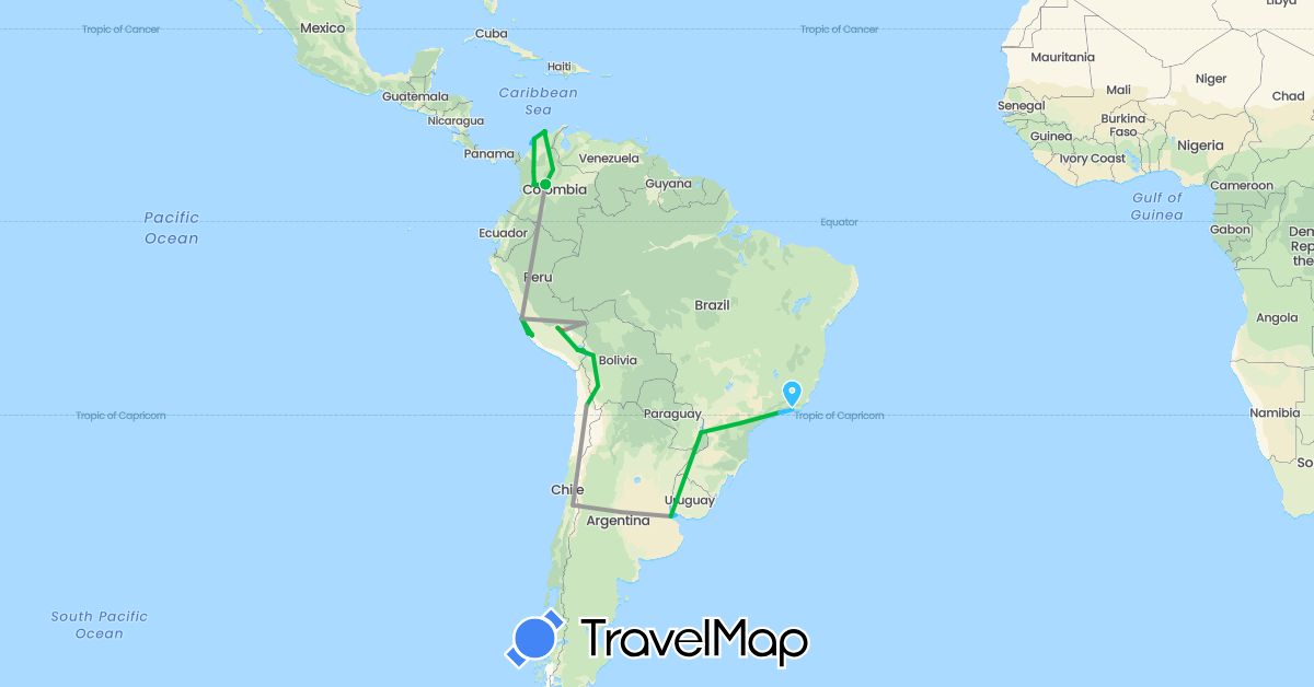 TravelMap itinerary: driving, bus, plane, hiking, boat in Argentina, Bolivia, Brazil, Chile, Colombia, Peru, Uruguay (South America)